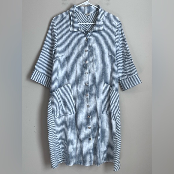 Lintico Madison 100% Linen Shirt Dress Womens Size M Blue Stripe Lagenlook Boho - Picture 2 of 10